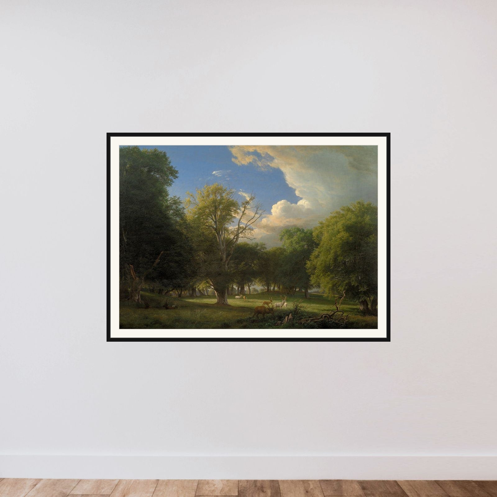 Sommereftermiddag med en bortdragende regnbyge. Jægersborg Dyrehave framed — shown to scale