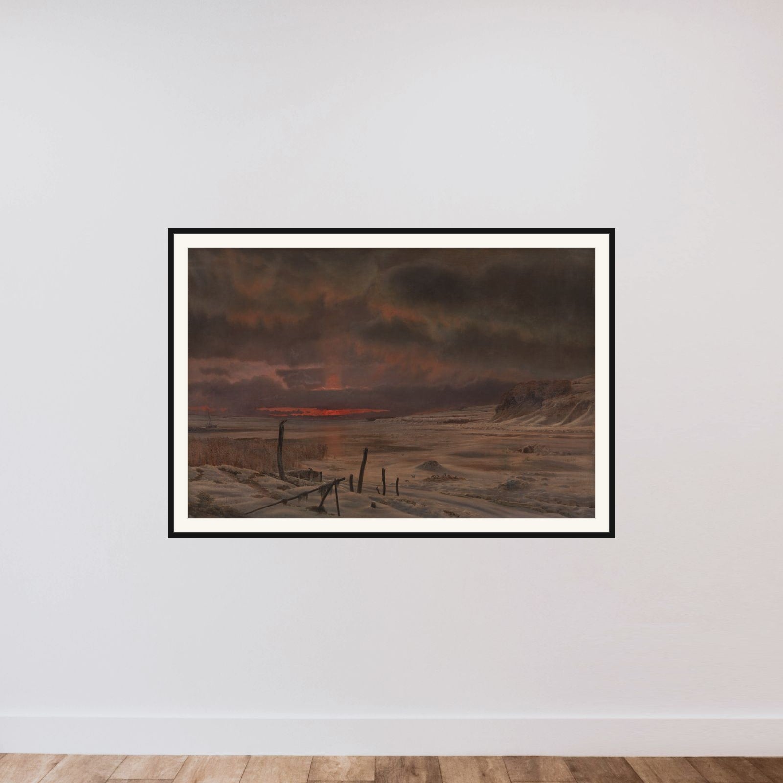 Vinteraften ved en dansk fjord framed — shown to scale