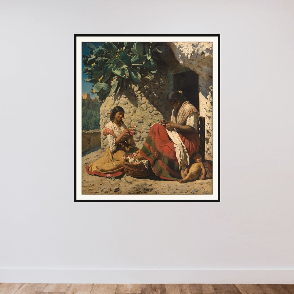 To sigøjnerkvinder uden for deres bolig framed — shown to scale