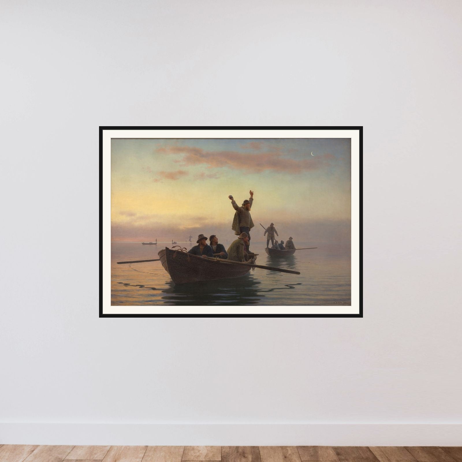 Hornfiskefangst med drivvod. Tidlig morgen framed — shown to scale