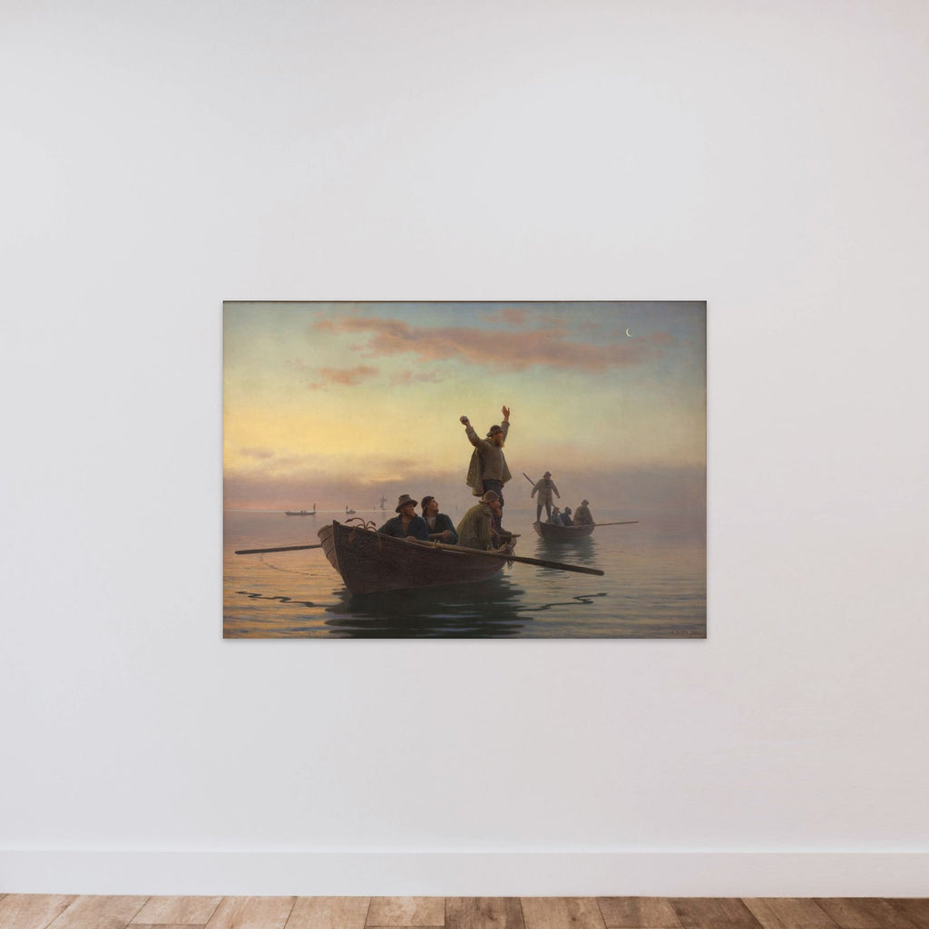 Hornfiskefangst med drivvod. Tidlig morgen unframed — shown to scale