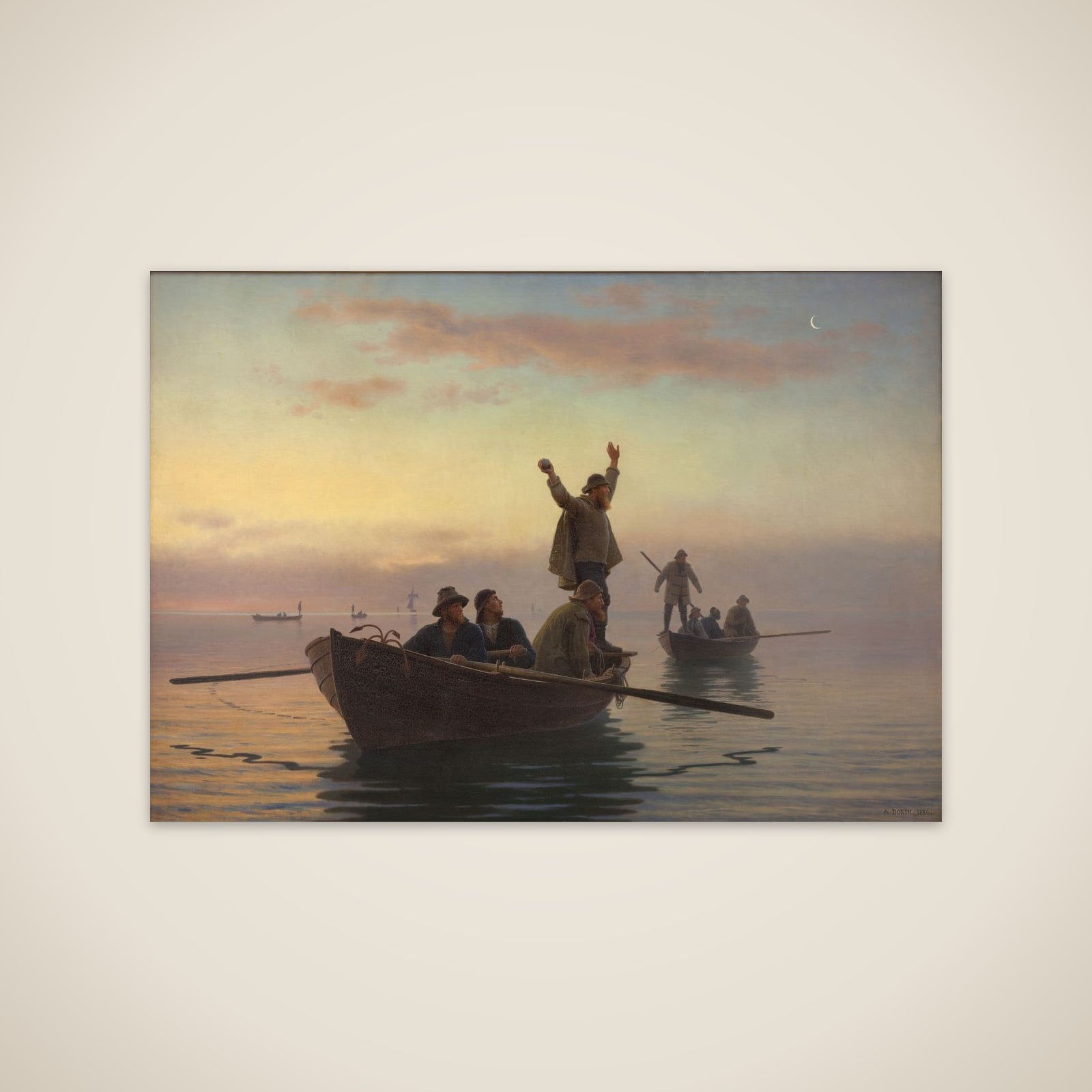 Hornfiskefangst med drivvod. Tidlig morgen unframed print
