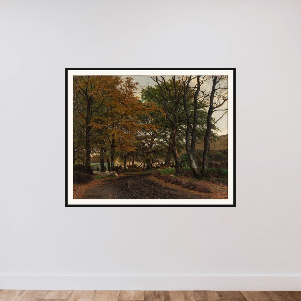 En opkørt vej under gamle træer framed — shown to scale