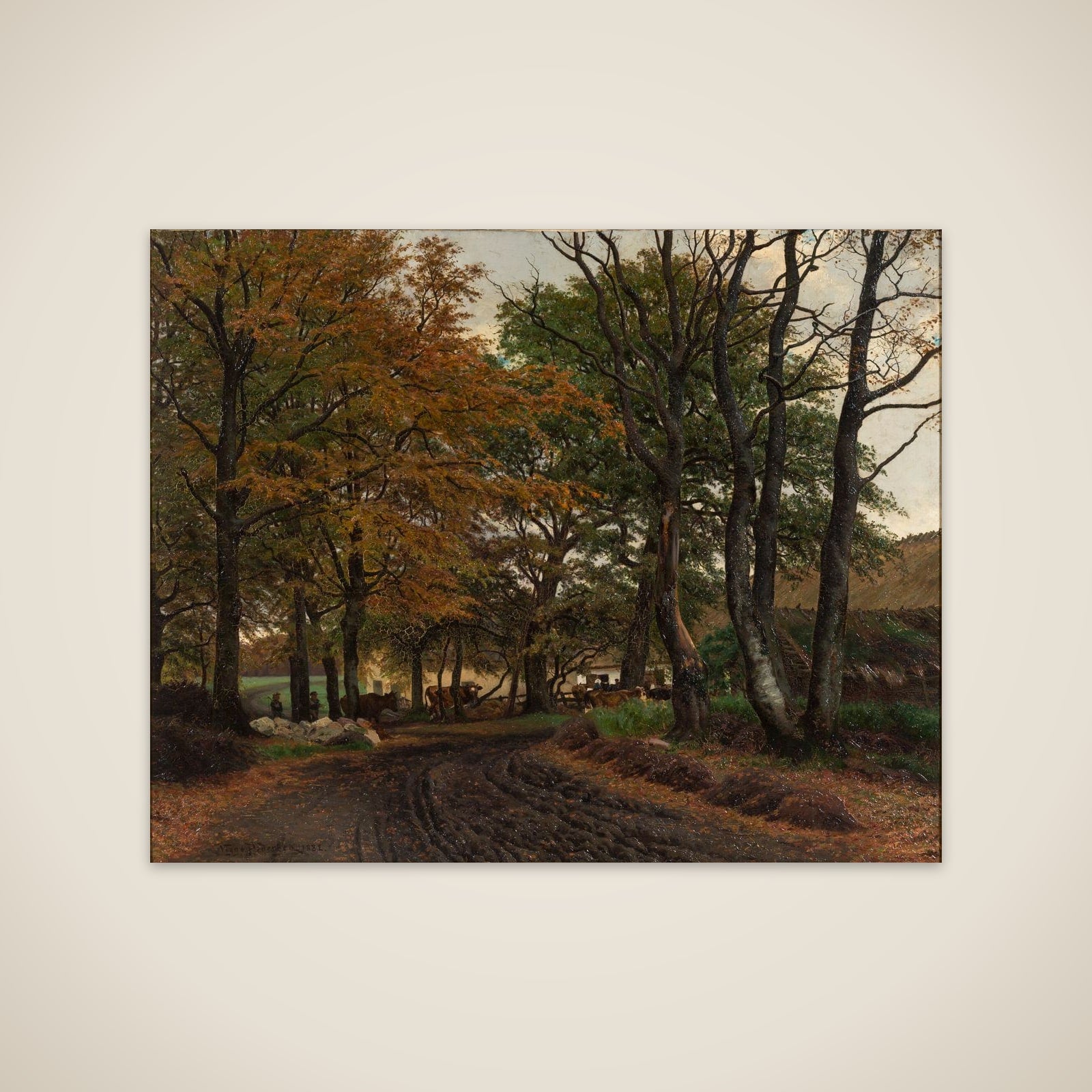 En opkørt vej under gamle træer unframed print
