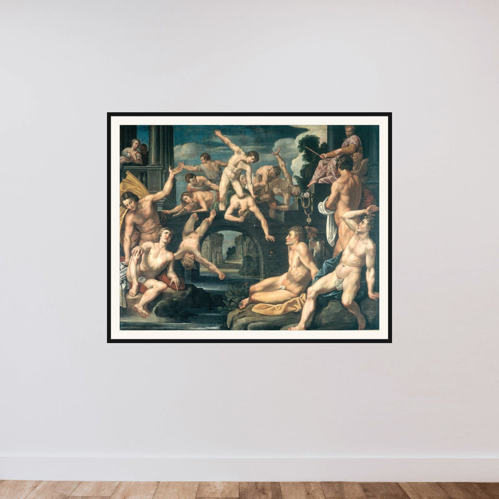 Unge mænd brydes på en bro. Allegori framed — shown to scale