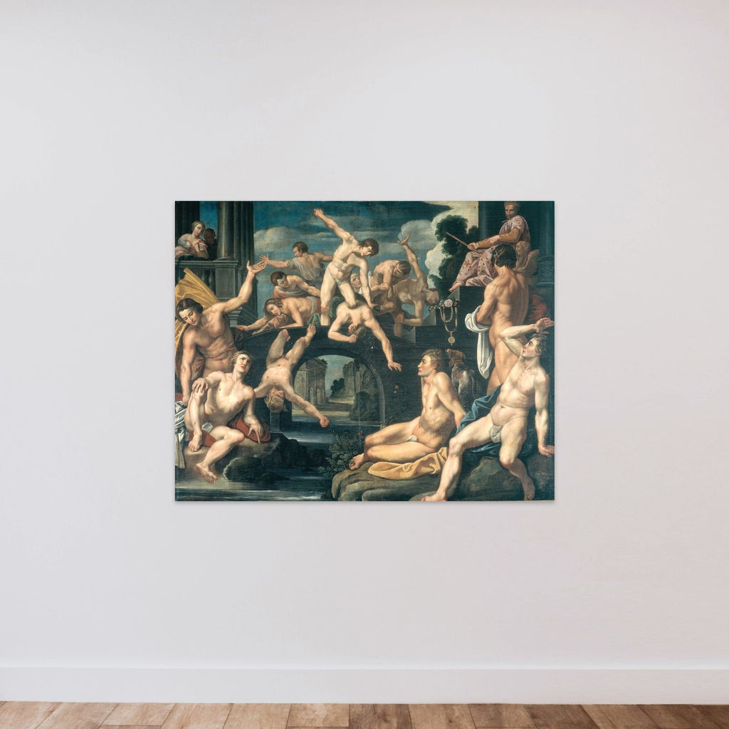 Unge mænd brydes på en bro. Allegori unframed — shown to scale