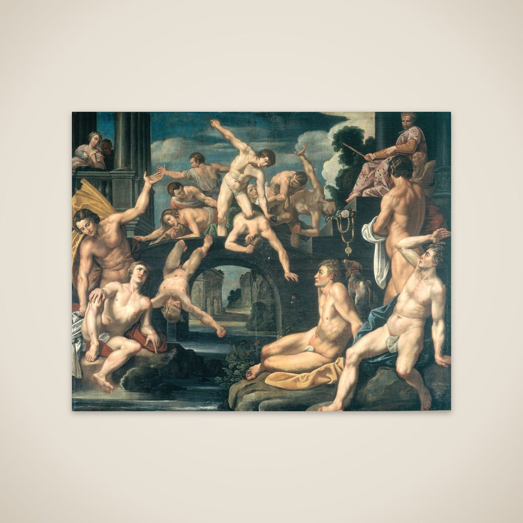 Unge mænd brydes på en bro. Allegori unframed print