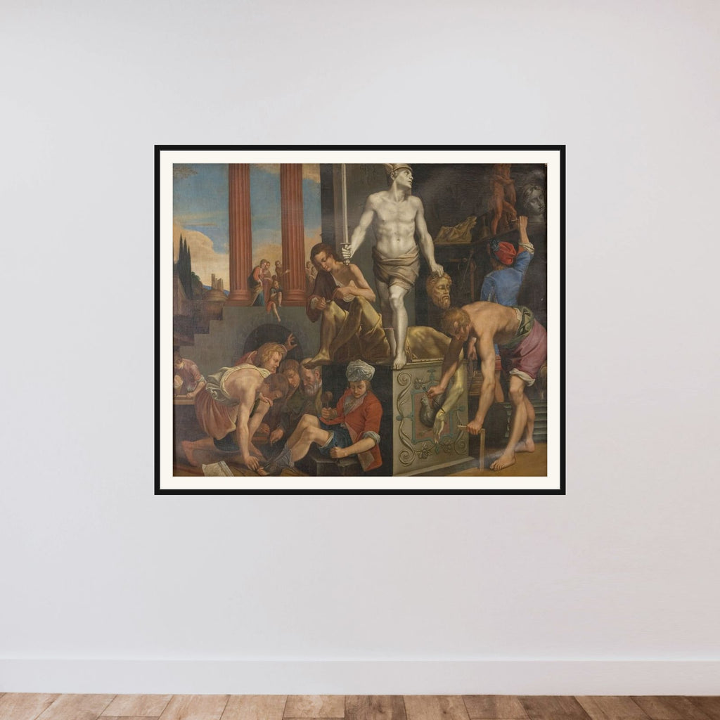 Et billedhuggerværksted framed — shown to scale