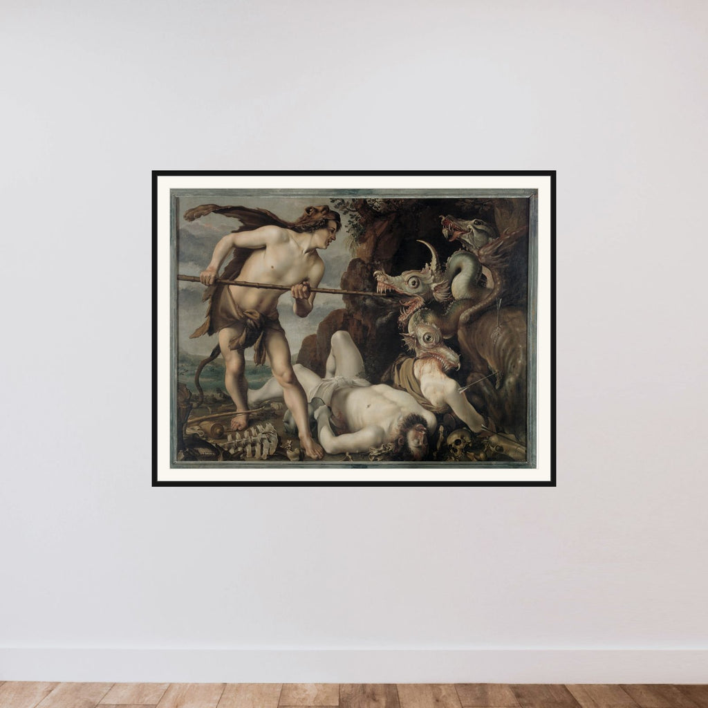 Kadmos kamp med en drage framed — shown to scale