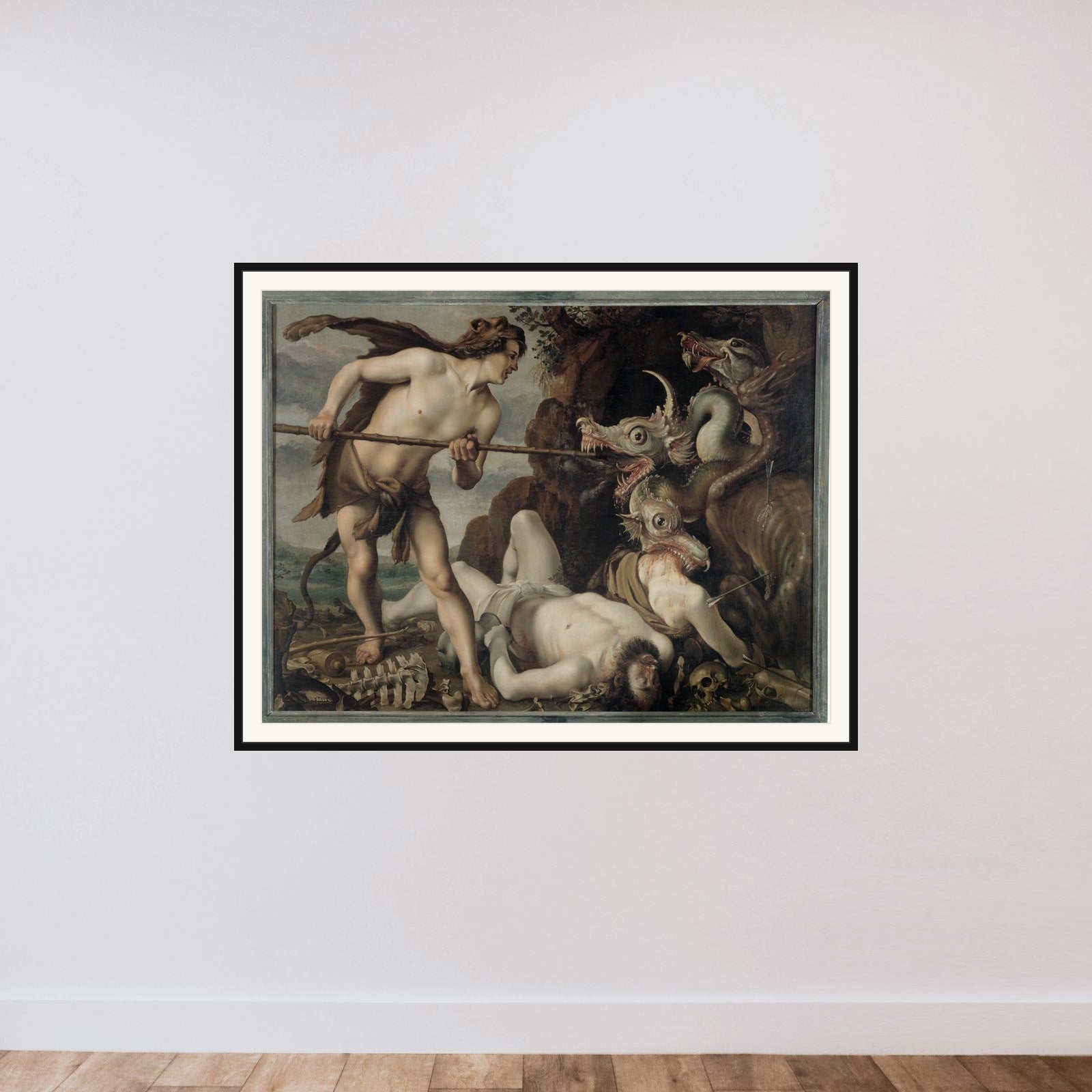 Kadmos kamp med en drage framed — shown to scale