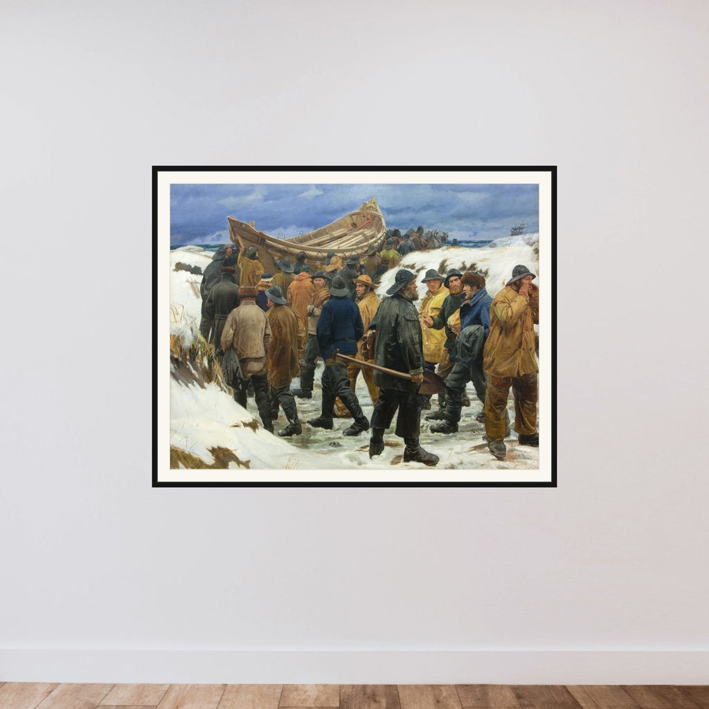 Redningsbåden køres gennem klitterne framed — shown to scale