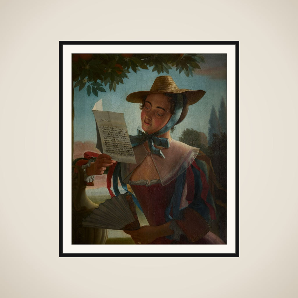 Dame i sommerdragt og med stråhat, læsende et brev framed