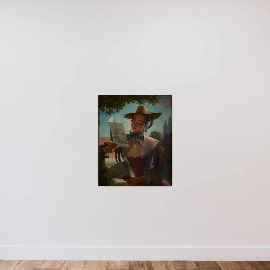 Dame i sommerdragt og med stråhat, læsende et brev unframed — shown to scale
