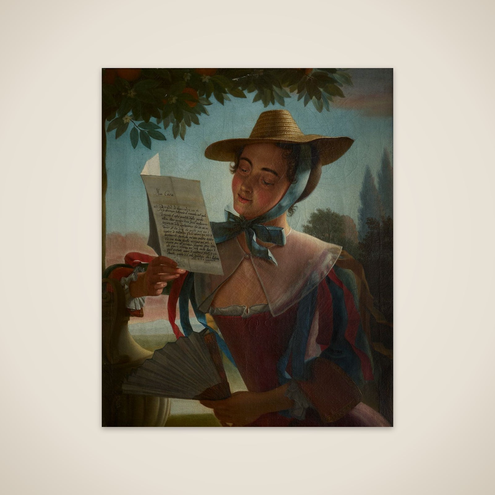 Dame i sommerdragt og med stråhat, læsende et brev unframed print