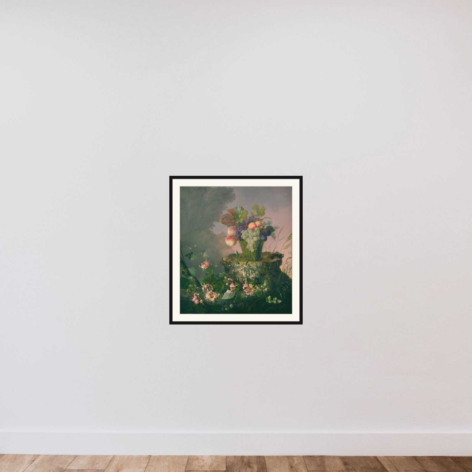 Blomsterkurv med frugt ved en træstub framed — shown to scale