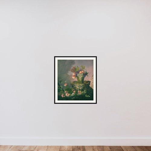 Blomsterkurv med frugt ved en træstub framed — shown to scale