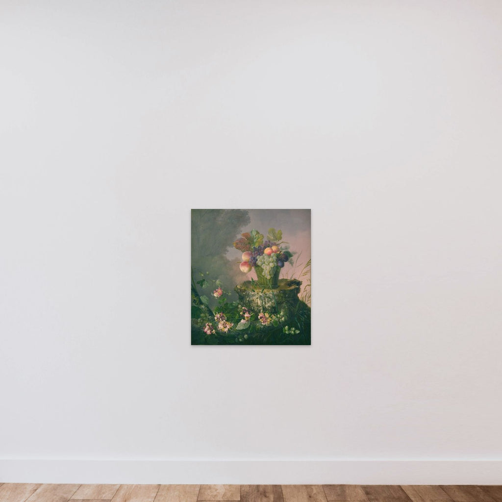 Blomsterkurv med frugt ved en træstub unframed — shown to scale