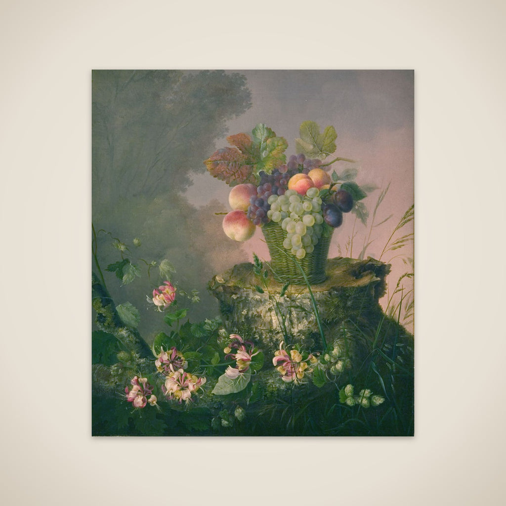 Blomsterkurv med frugt ved en træstub unframed print