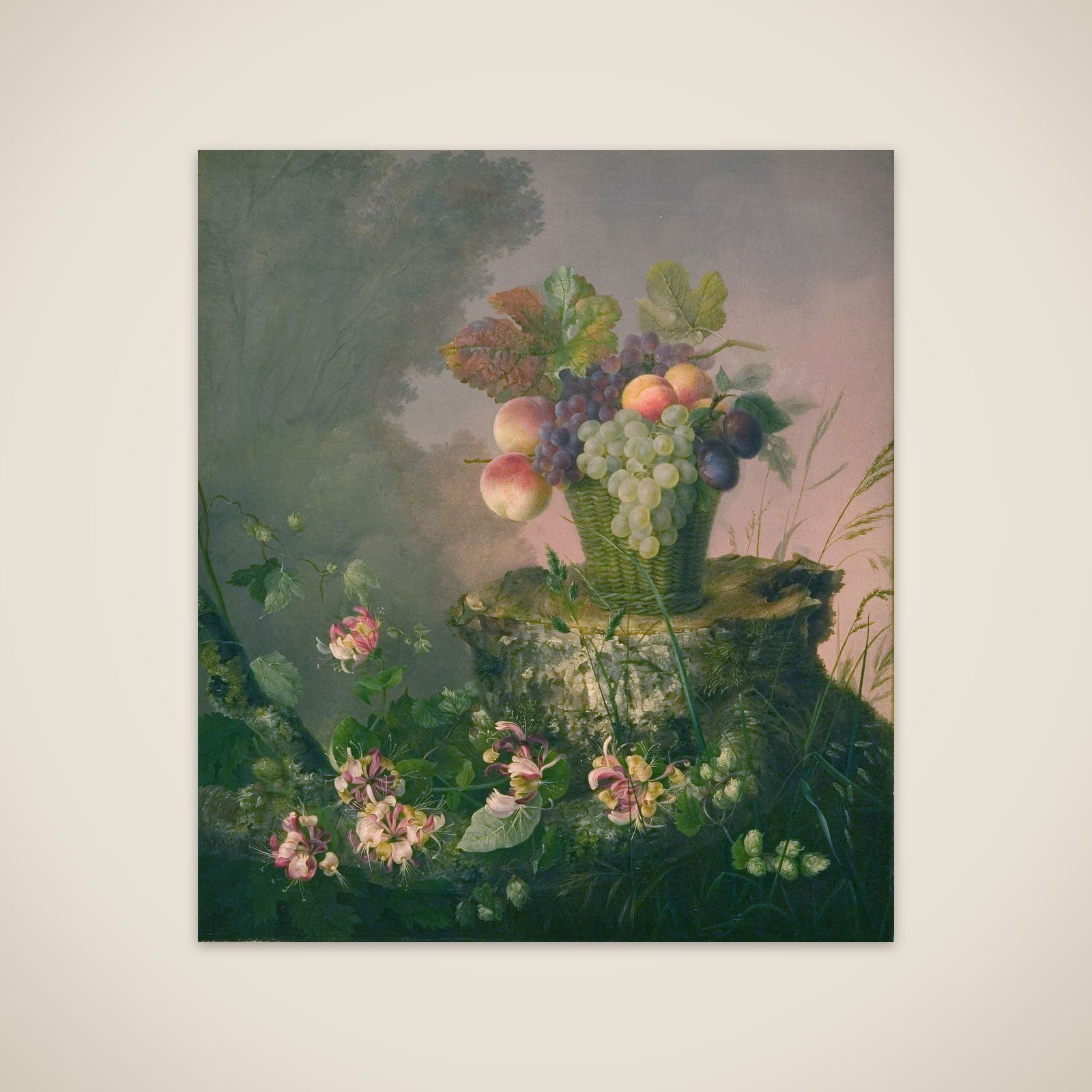Blomsterkurv med frugt ved en træstub unframed print