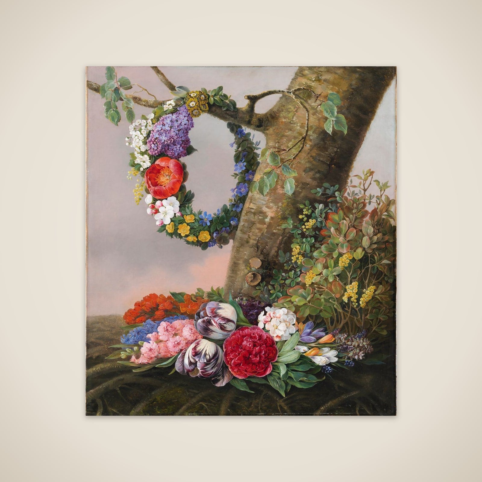 En buket blomster ved foden af et træ. På en gren hænger en blomsterkrans unframed print
