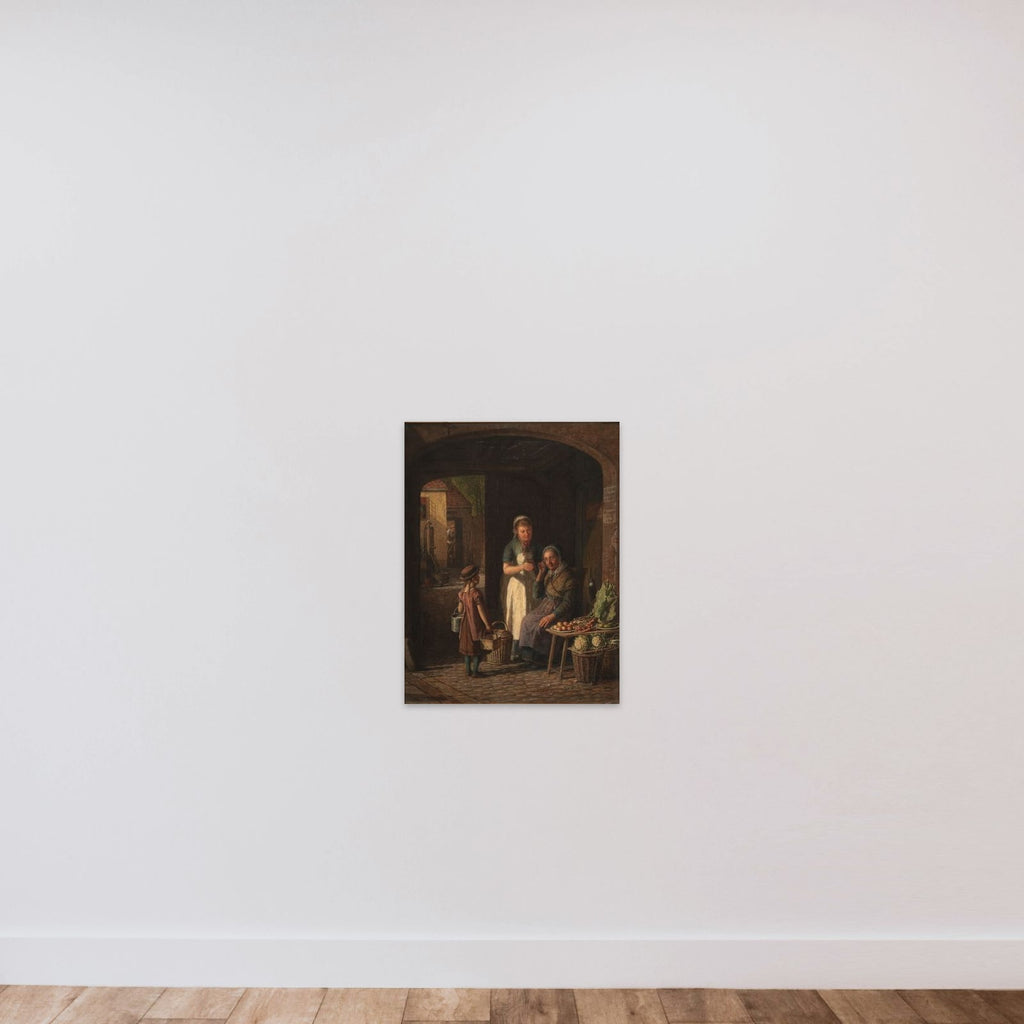 En tjenestepige viser sin kærestes portræt til en grønthandlerske unframed — shown to scale