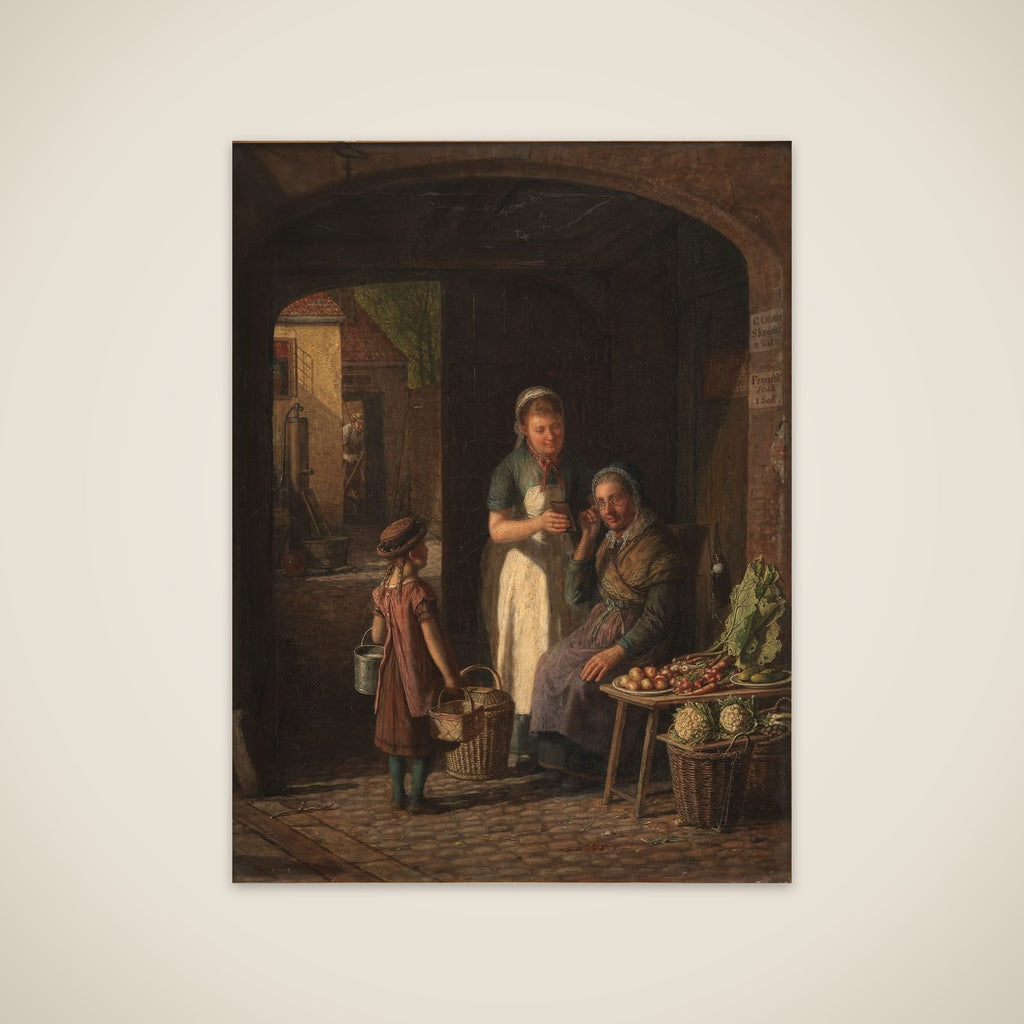 En tjenestepige viser sin kærestes portræt til en grønthandlerske unframed print