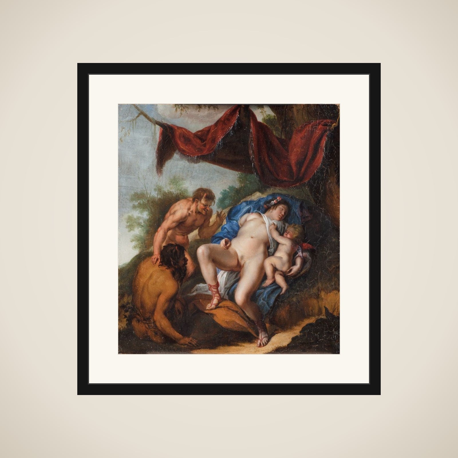 Sovende Venus med Cupido belures af satyrer framed