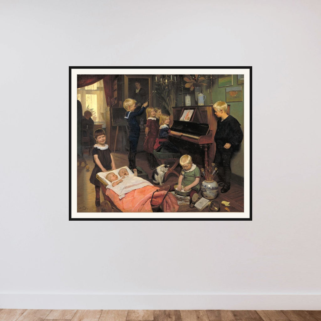 "Koncert". Kunstnerens børn og deres legekammerater framed — shown to scale