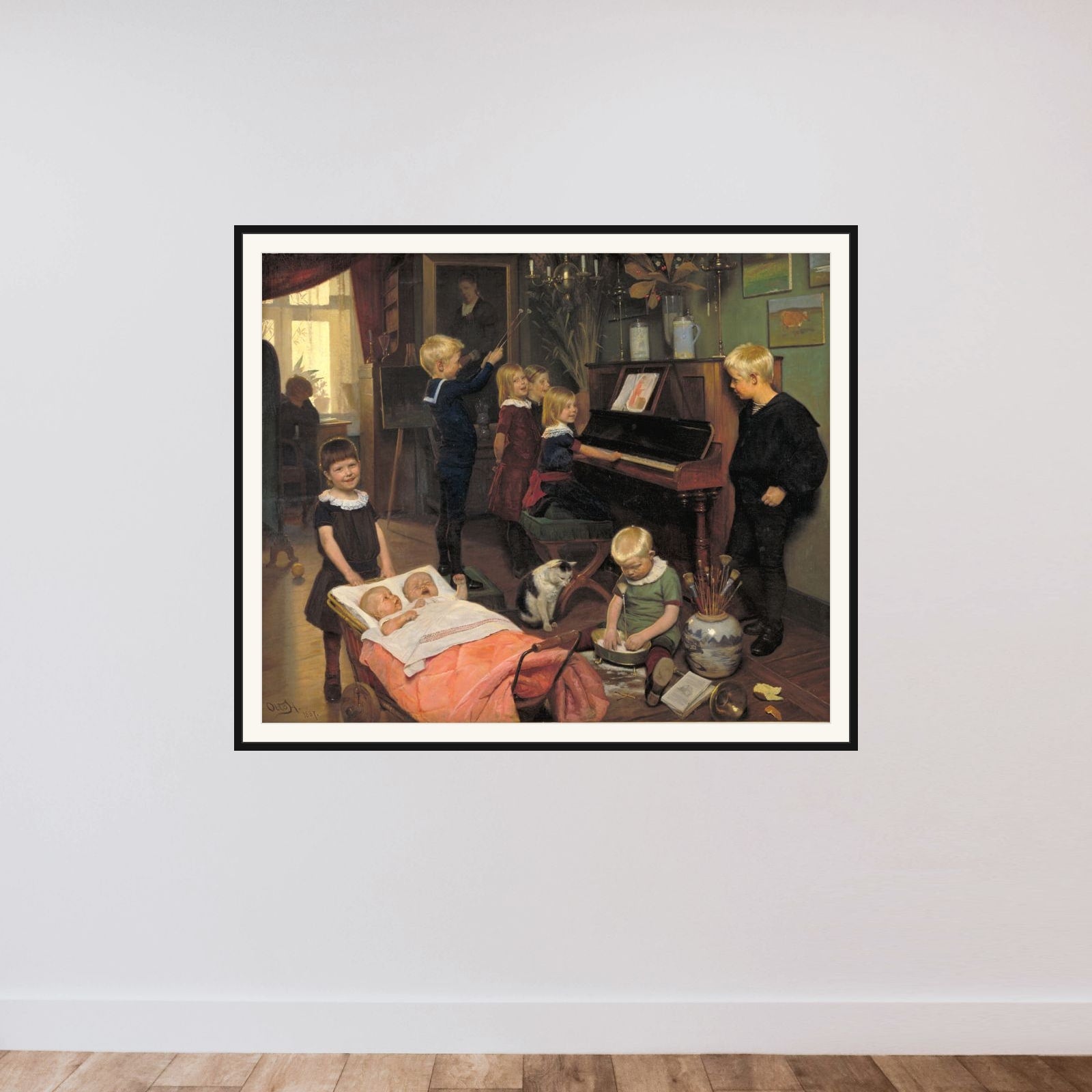 "Koncert". Kunstnerens børn og deres legekammerater framed — shown to scale