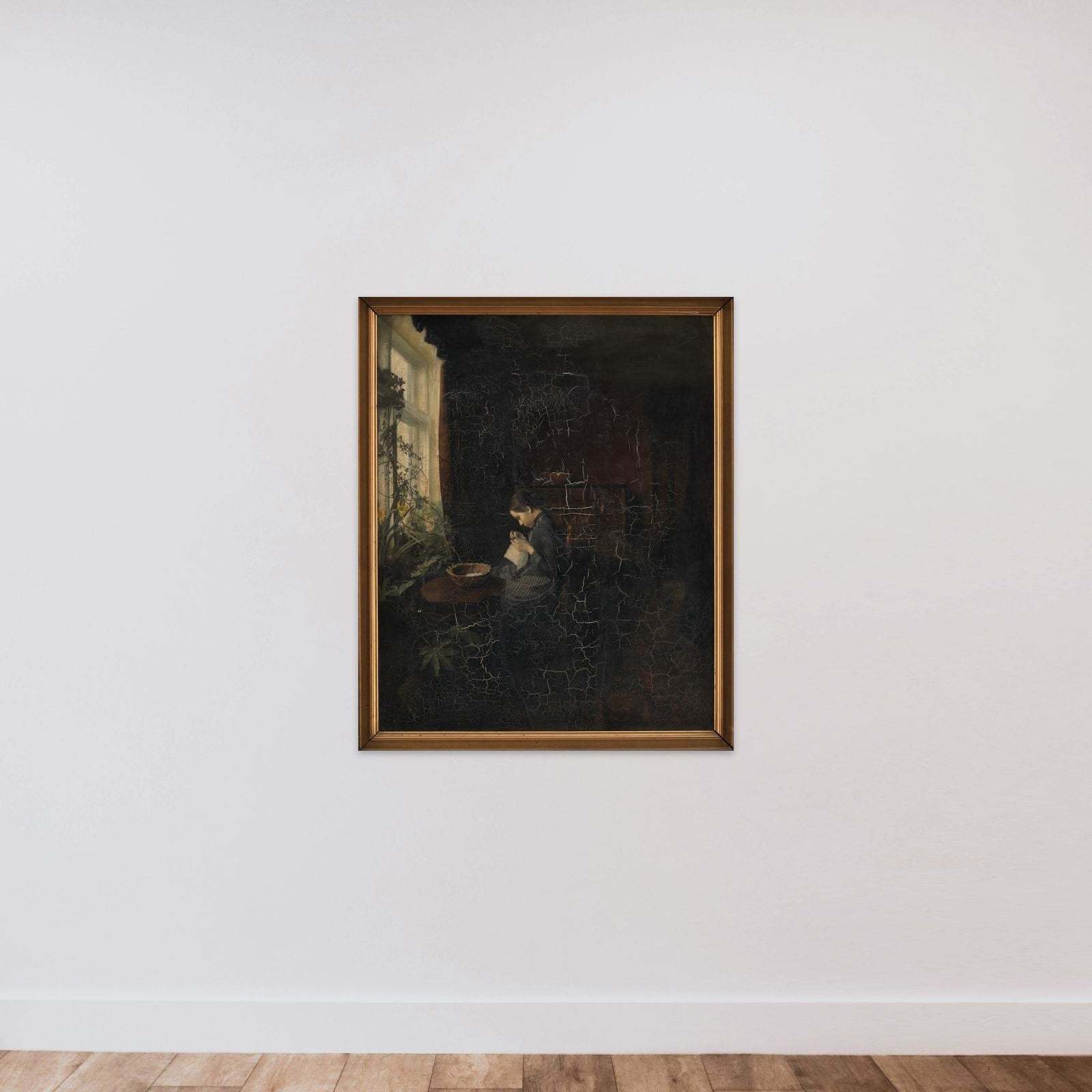 Interiør med en syende pige unframed — shown to scale
