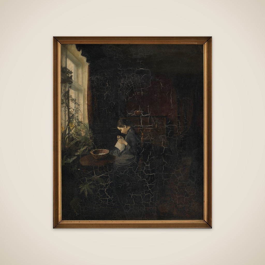 Interiør med en syende pige unframed print