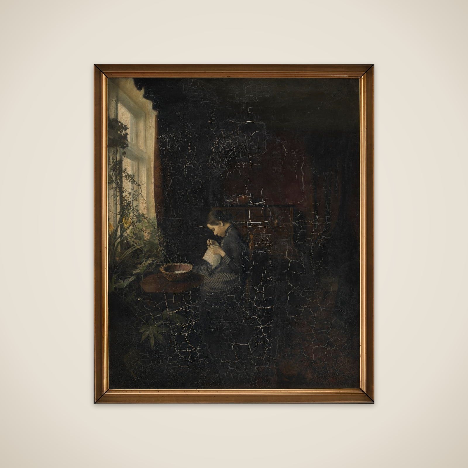 Interiør med en syende pige unframed print