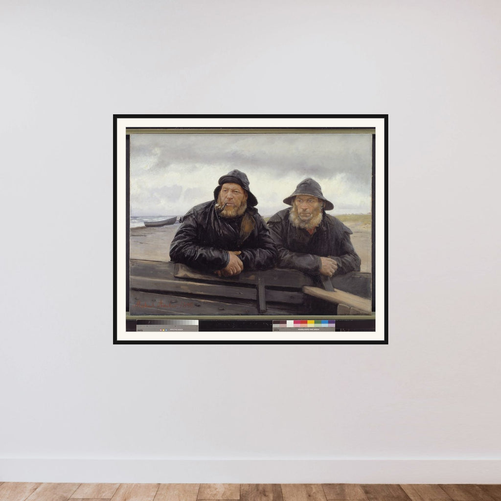 To fiskere ved en båd framed — shown to scale