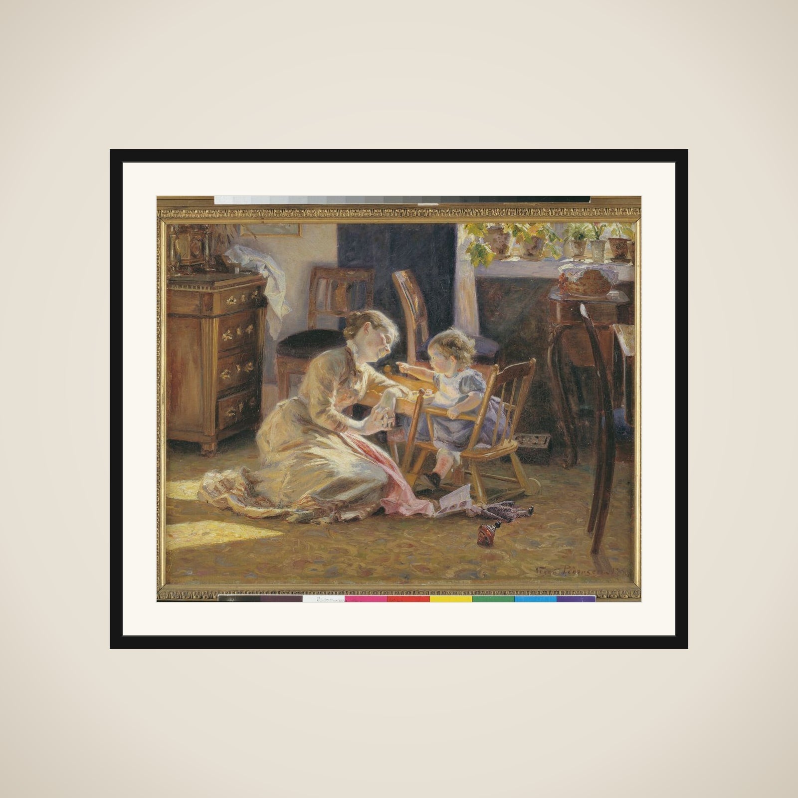 Solskin i dagligstuen. Kunstnerens hustru og barn framed