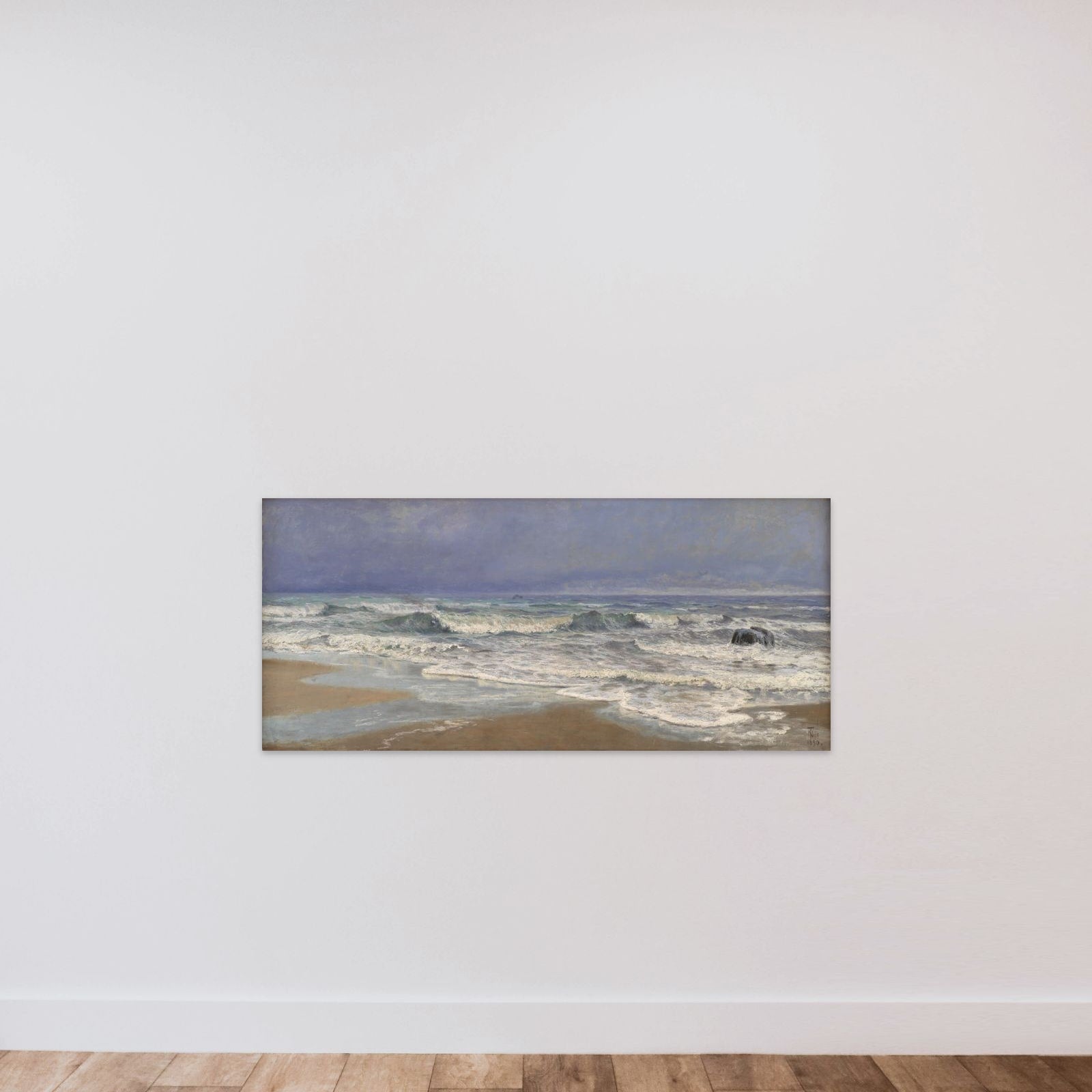 Gråvejrsdag ved Vesterhavet med brænding unframed — shown to scale