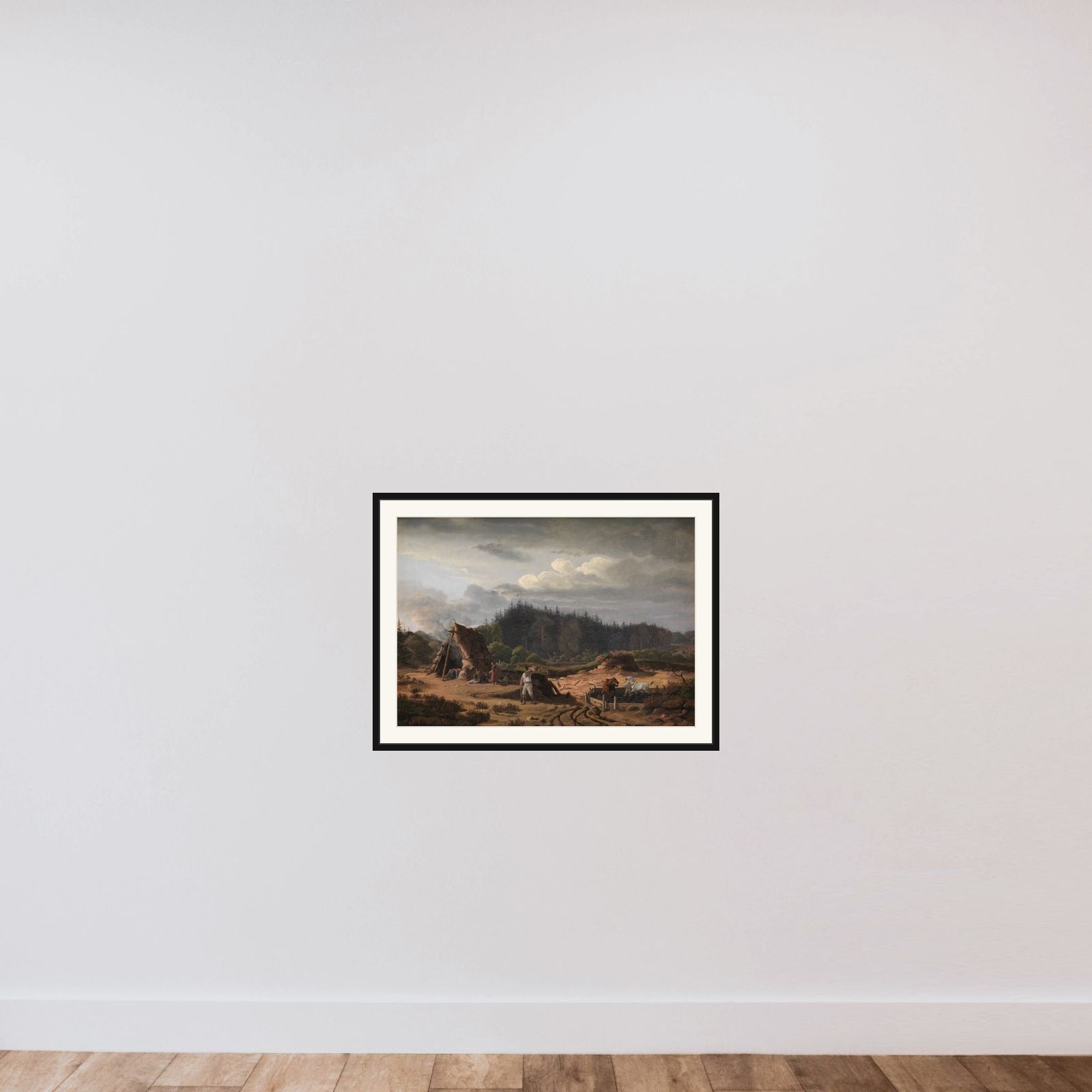 En mose ved Høsterkøb med tørvearbejdere framed — shown to scale