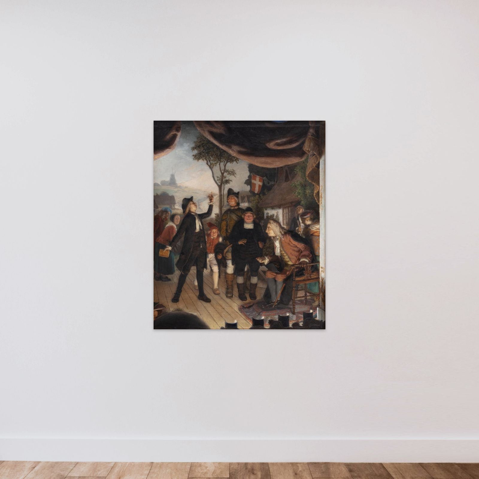 Holberg overværer en prøveforestilling af Erasmus Montanus, IV akt, 2. scene: "Ergo er I en Hane" unframed — shown to scale