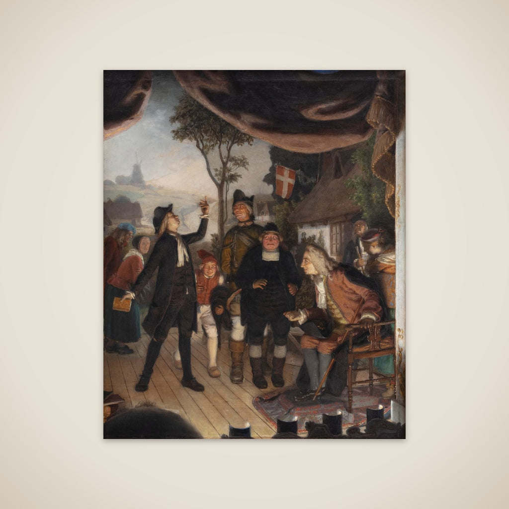 Holberg overværer en prøveforestilling af Erasmus Montanus, IV akt, 2. scene: "Ergo er I en Hane" unframed print