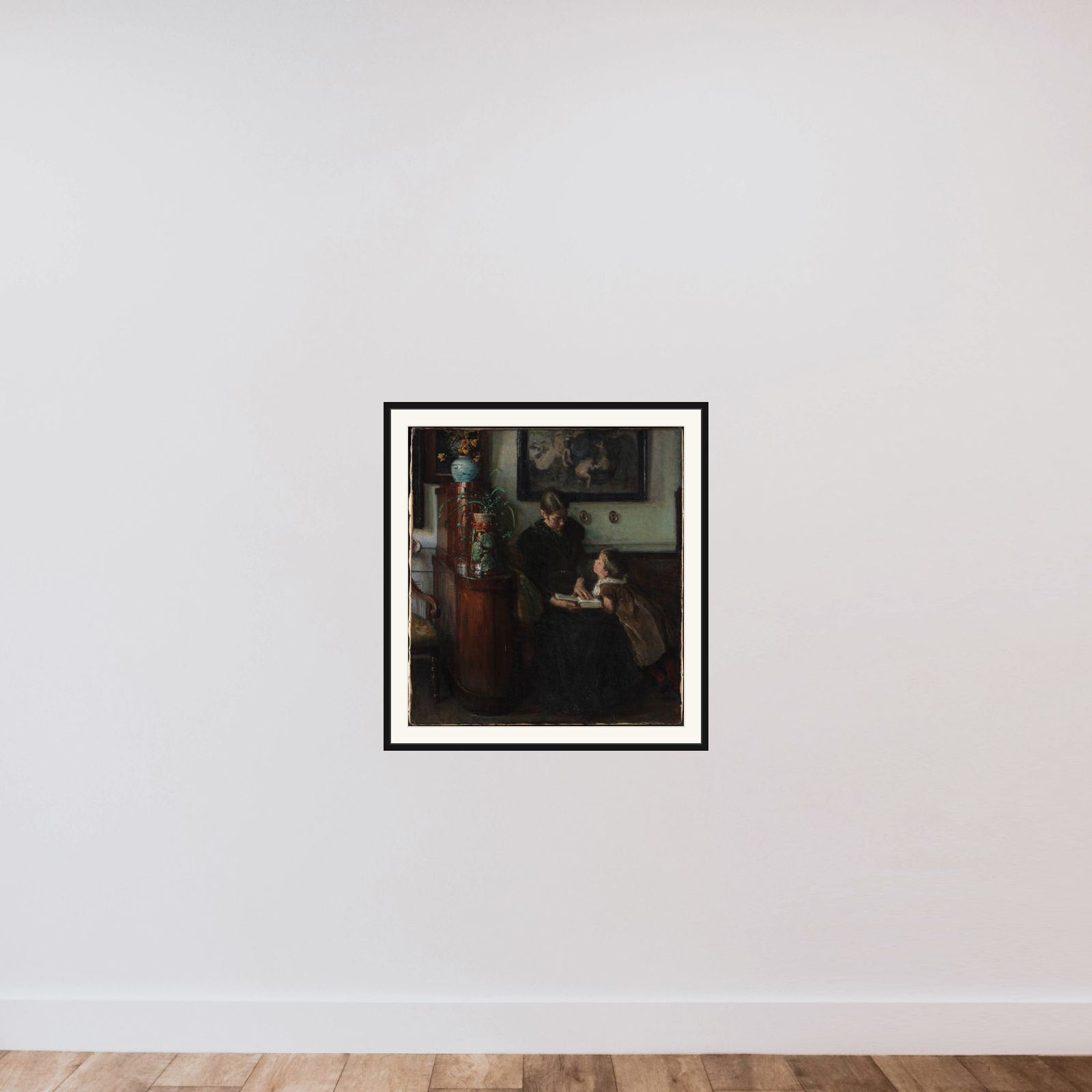 Moder skal læse. Kunstnerens hustru og barn framed — shown to scale