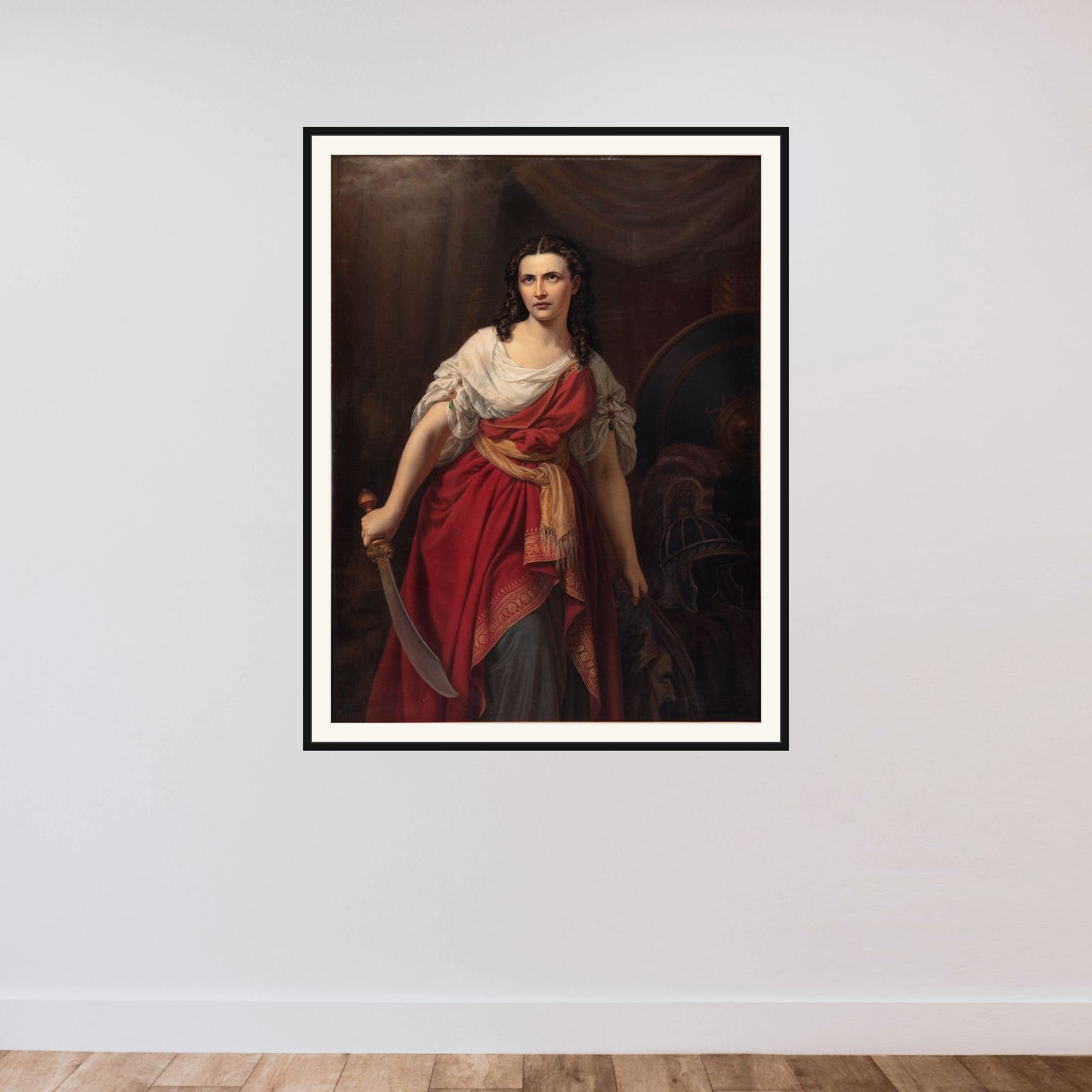Judith med Holofernes' hoved framed — shown to scale