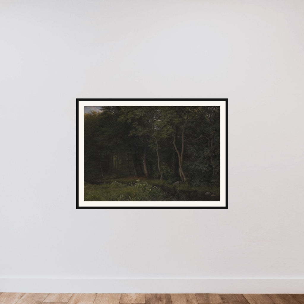 Begyndende aftenskumring i en skov. Motiv fra Iselingen framed — shown to scale
