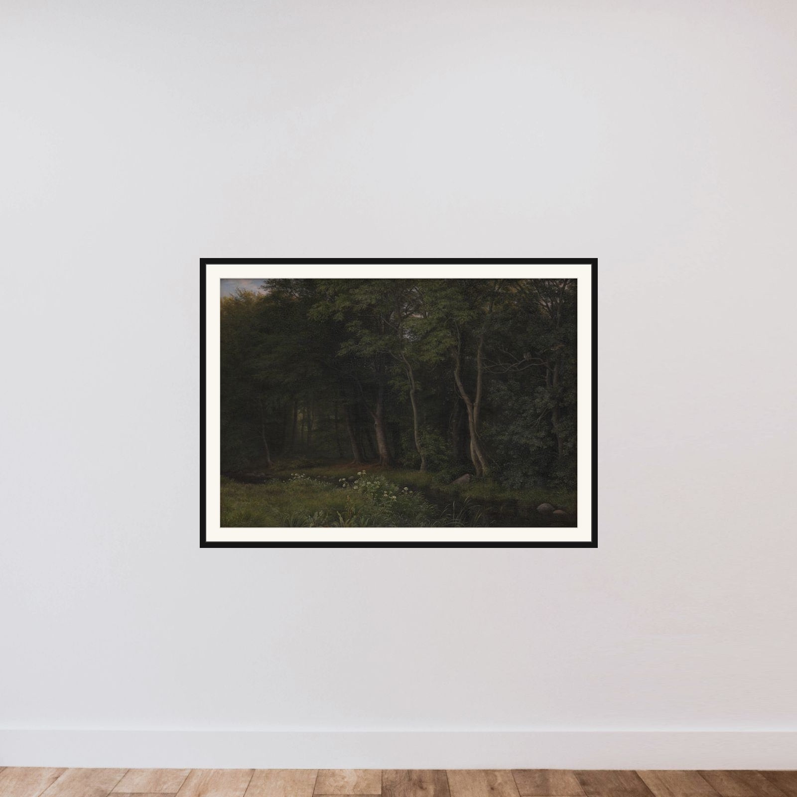 Begyndende aftenskumring i en skov. Motiv fra Iselingen framed — shown to scale