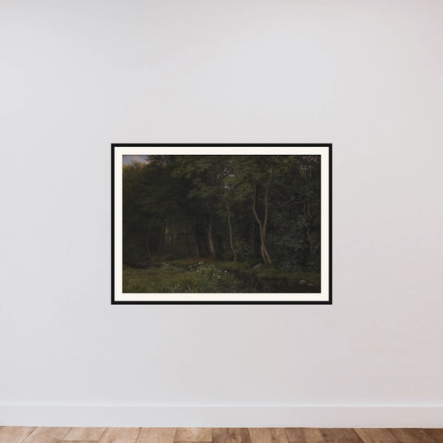 Begyndende aftenskumring i en skov. Motiv fra Iselingen framed — shown to scale