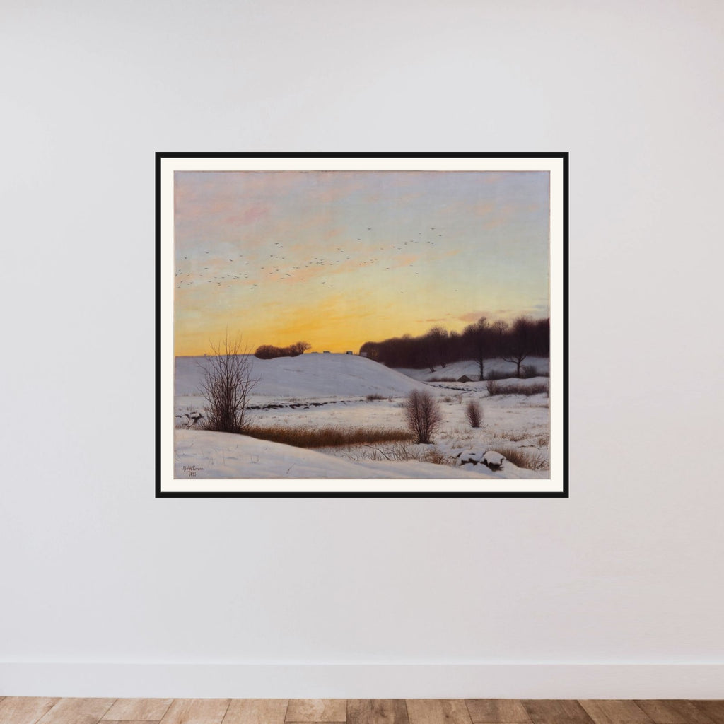 Snelandskab med en bakke. Solnedgang. framed — shown to scale