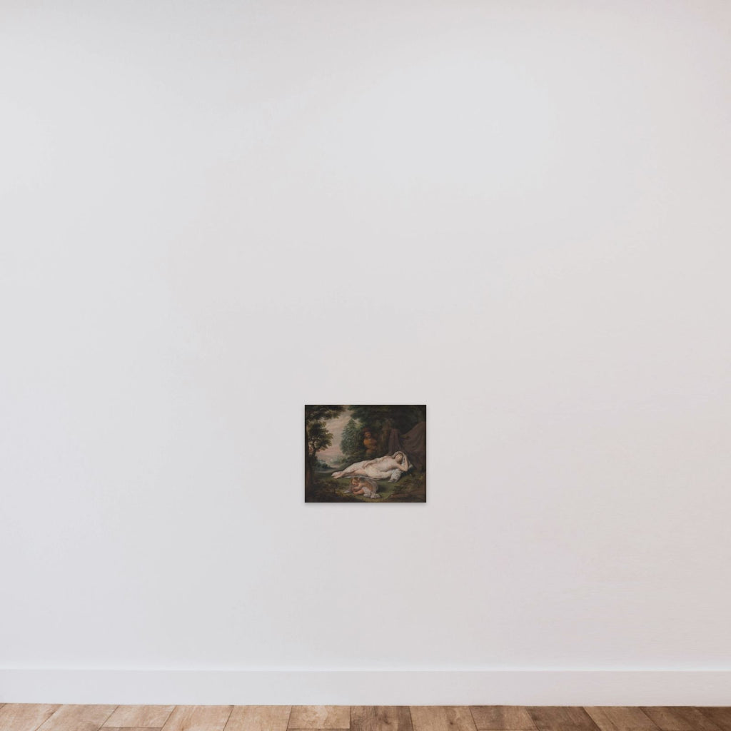 Sovende nymfe beluret af en mand unframed — shown to scale