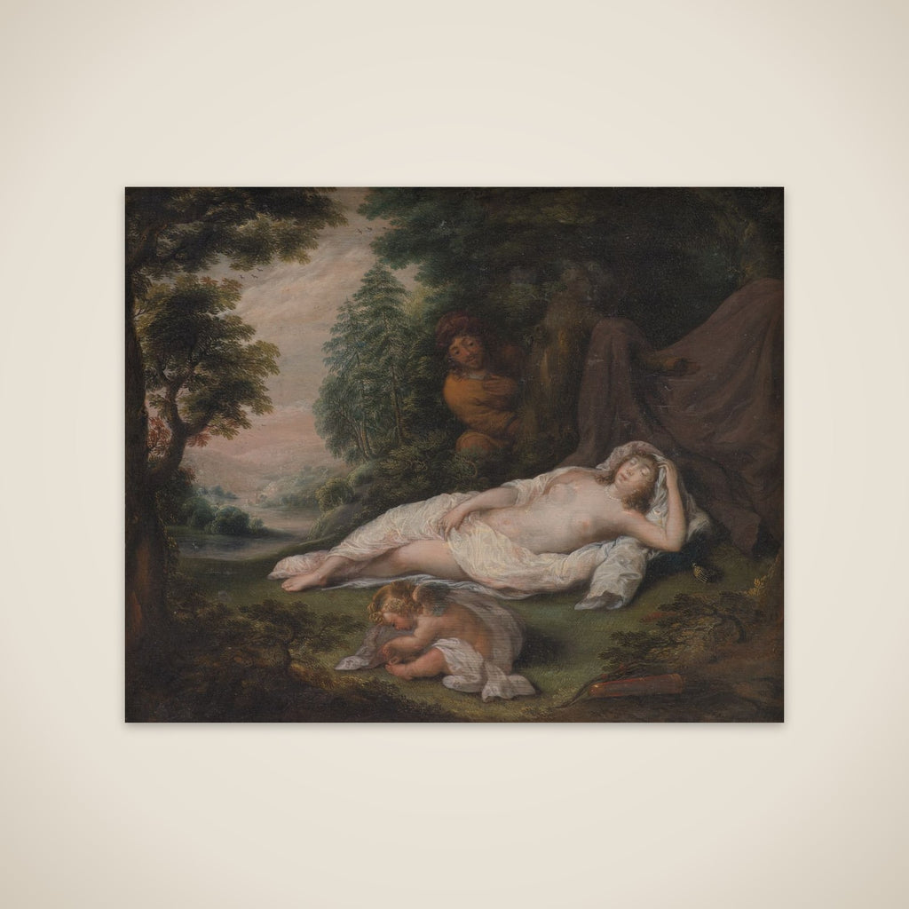 Sovende nymfe beluret af en mand unframed print