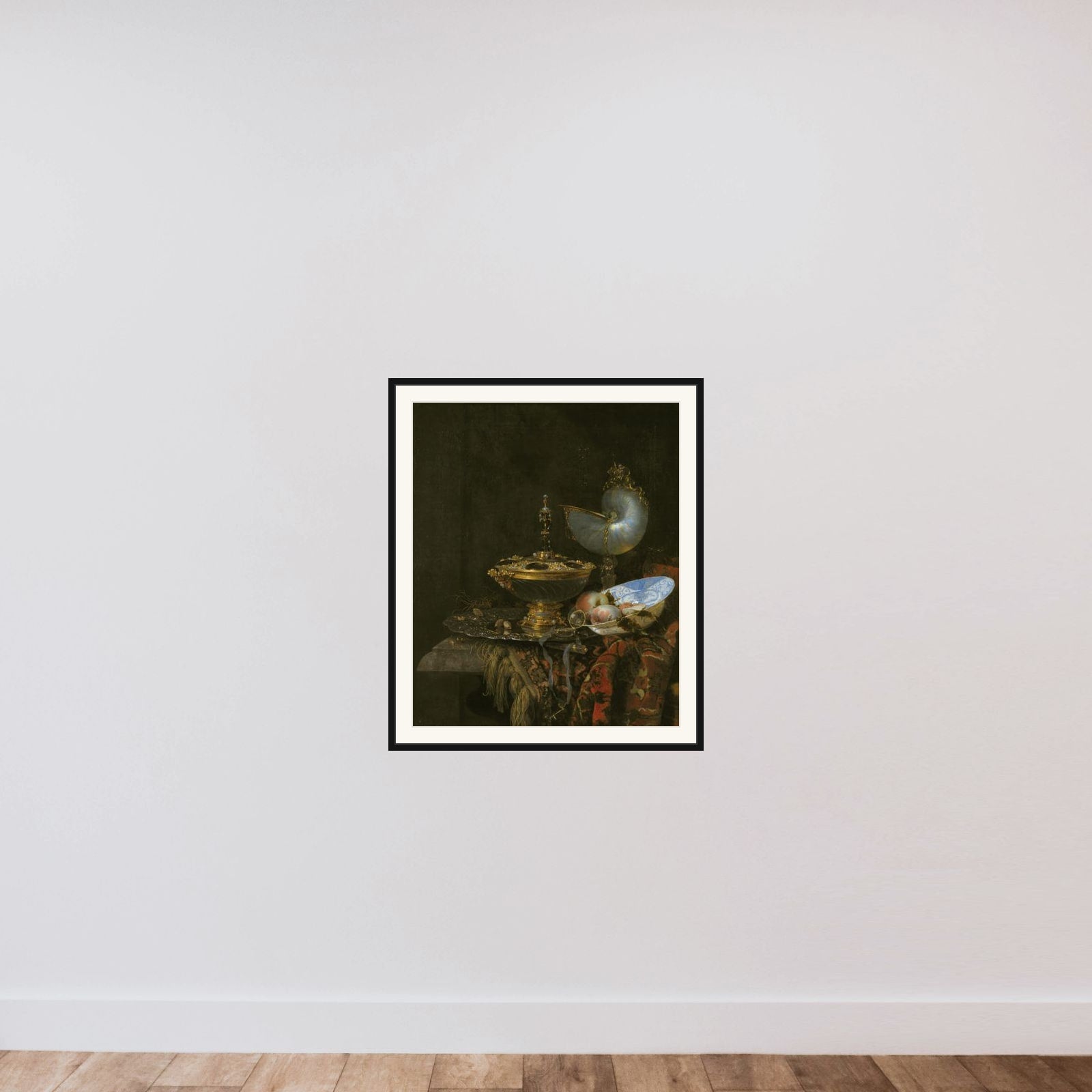 Pragtstilleben med Holbeinskål, Nautilus- og glaspokal og frugtskål framed — shown to scale