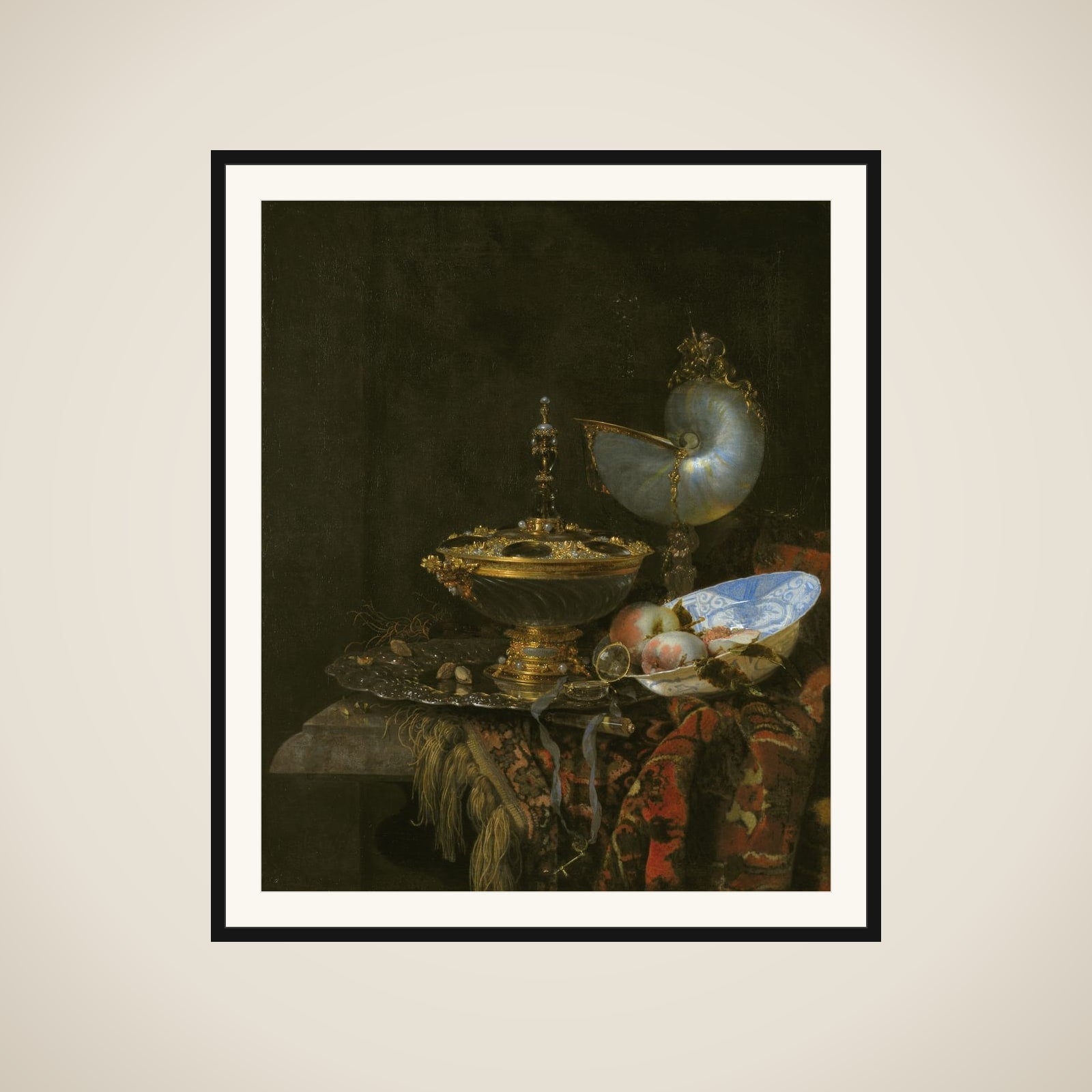 Pragtstilleben med Holbeinskål, Nautilus- og glaspokal og frugtskål framed