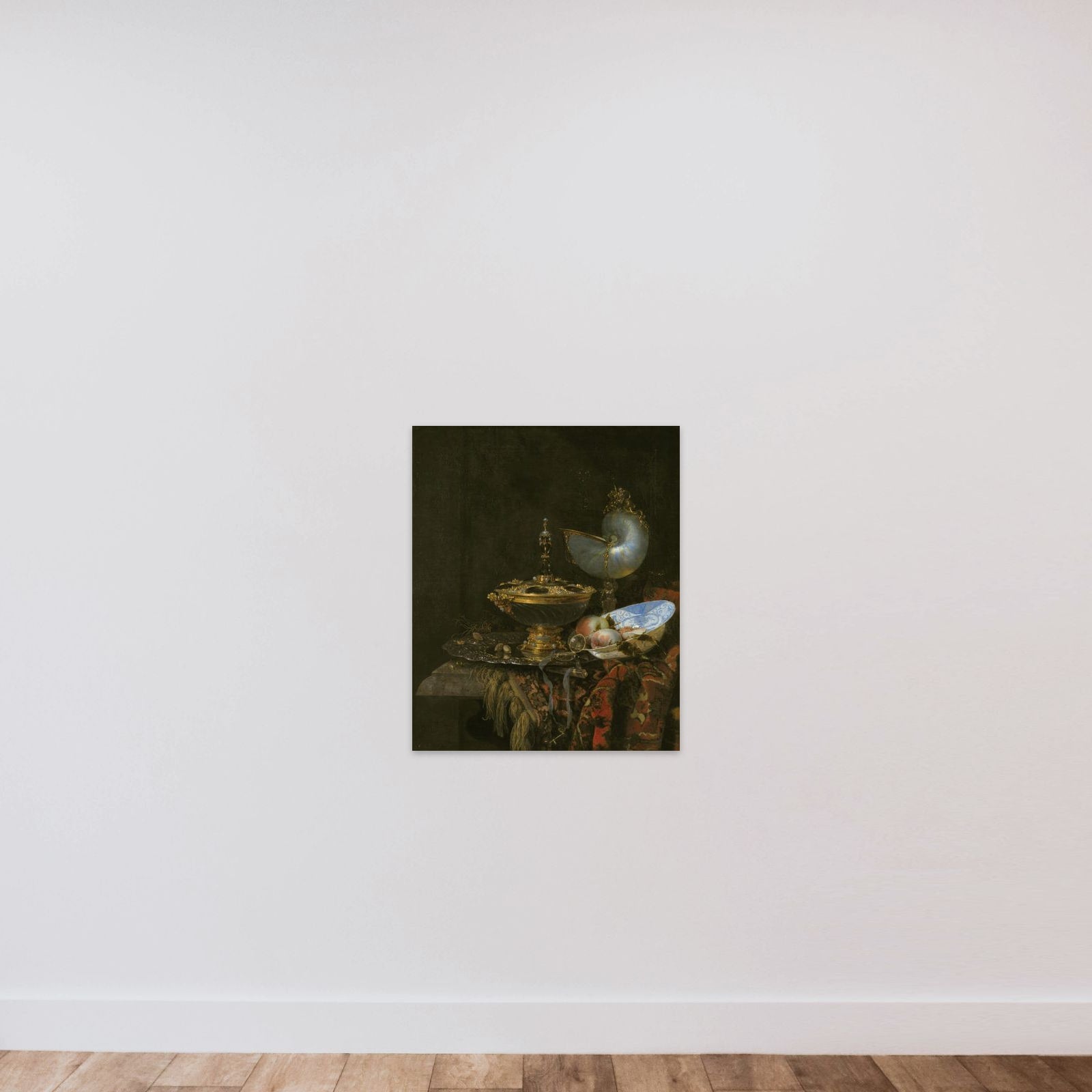 Pragtstilleben med Holbeinskål, Nautilus- og glaspokal og frugtskål unframed — shown to scale