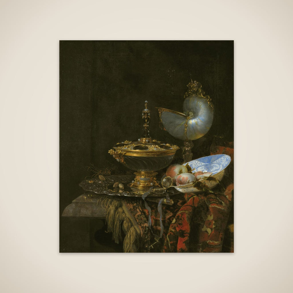 Pragtstilleben med Holbeinskål, Nautilus- og glaspokal og frugtskål unframed print